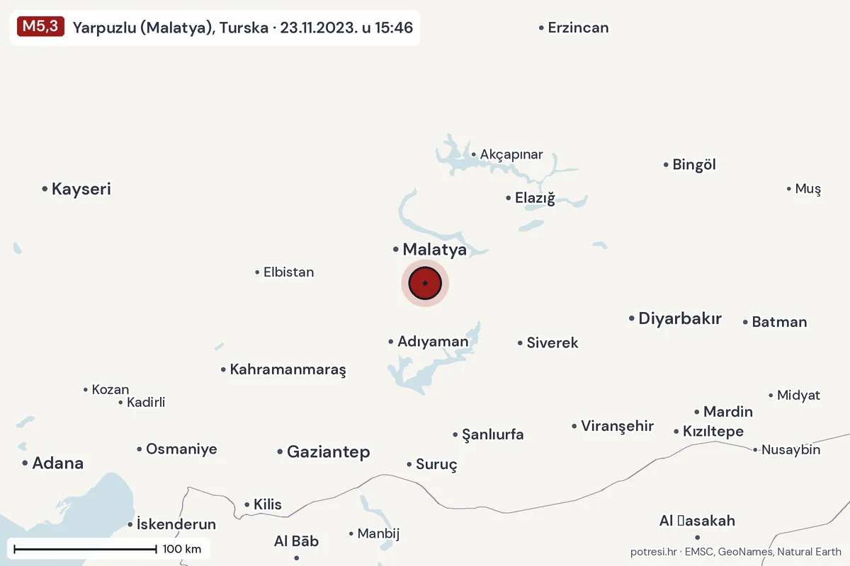 Karta: šire područje, 600 km, potres M5,3, Yarpuzlu (Malatya), Turska, 23.11.2023.