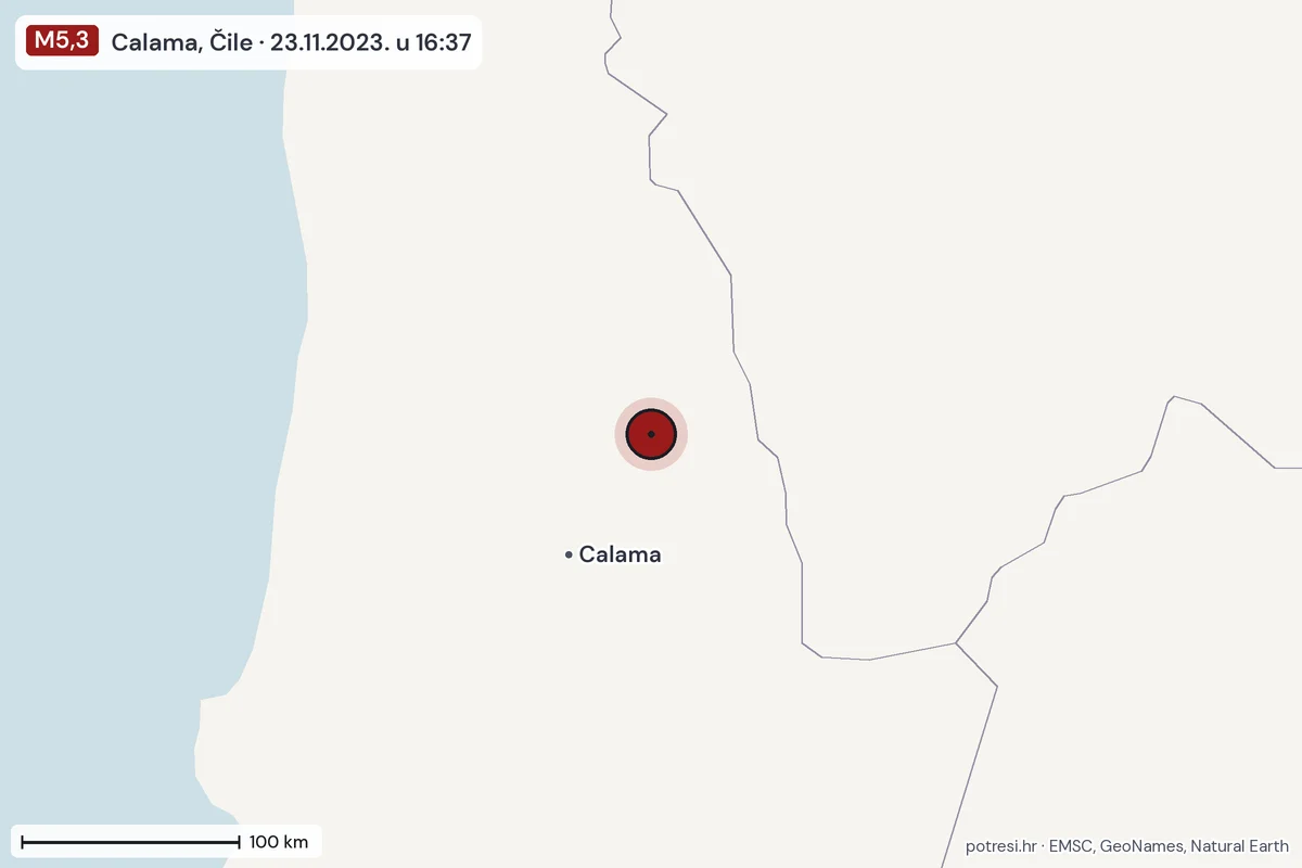 Karta: šire područje, 600 km, potres M5,3, Calama, Čile, 23.11.2023.