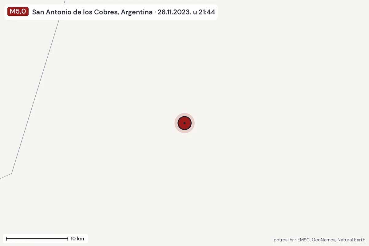 Karta: okolica epicentra, 60 km, potres M5,0, San Antonio de los Cobres, Argentina, 26.11.2023.