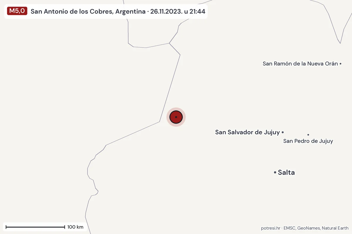 Karta: šire područje, 600 km, potres M5,0, San Antonio de los Cobres, Argentina, 26.11.2023.