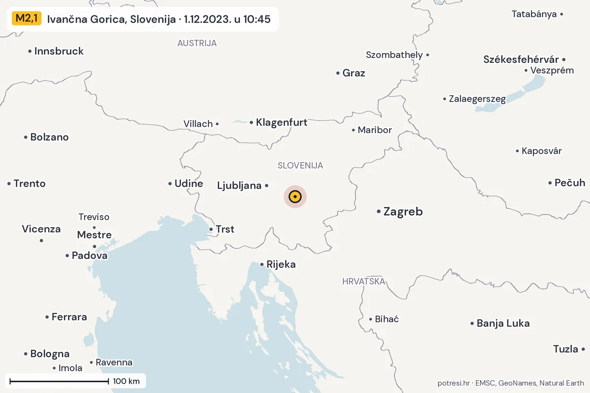 Karta: šire područje, 600 km, potres M2,1, Ivančna Gorica, Slovenija, 1.12.2023.