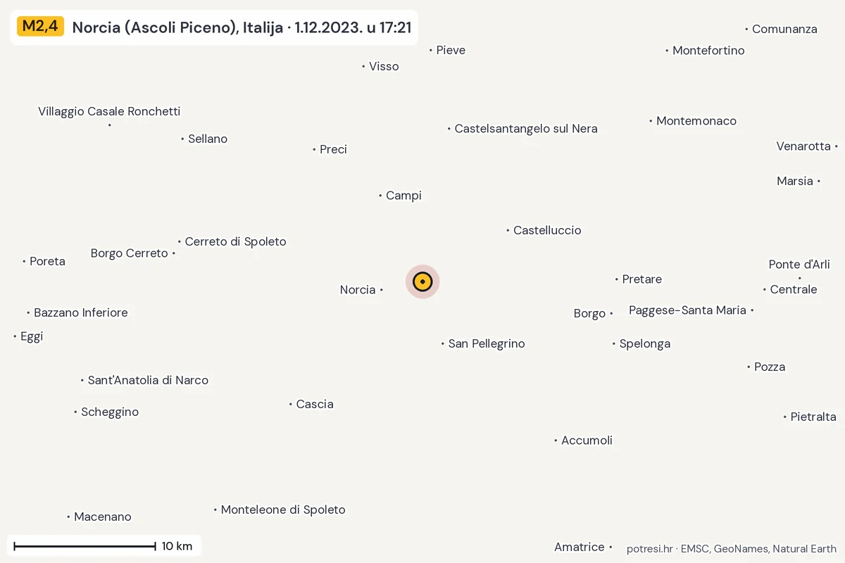Karta: okolica epicentra, 60 km, potres M2,4, Norcia (Ascoli Piceno), Italija, 1.12.2023.