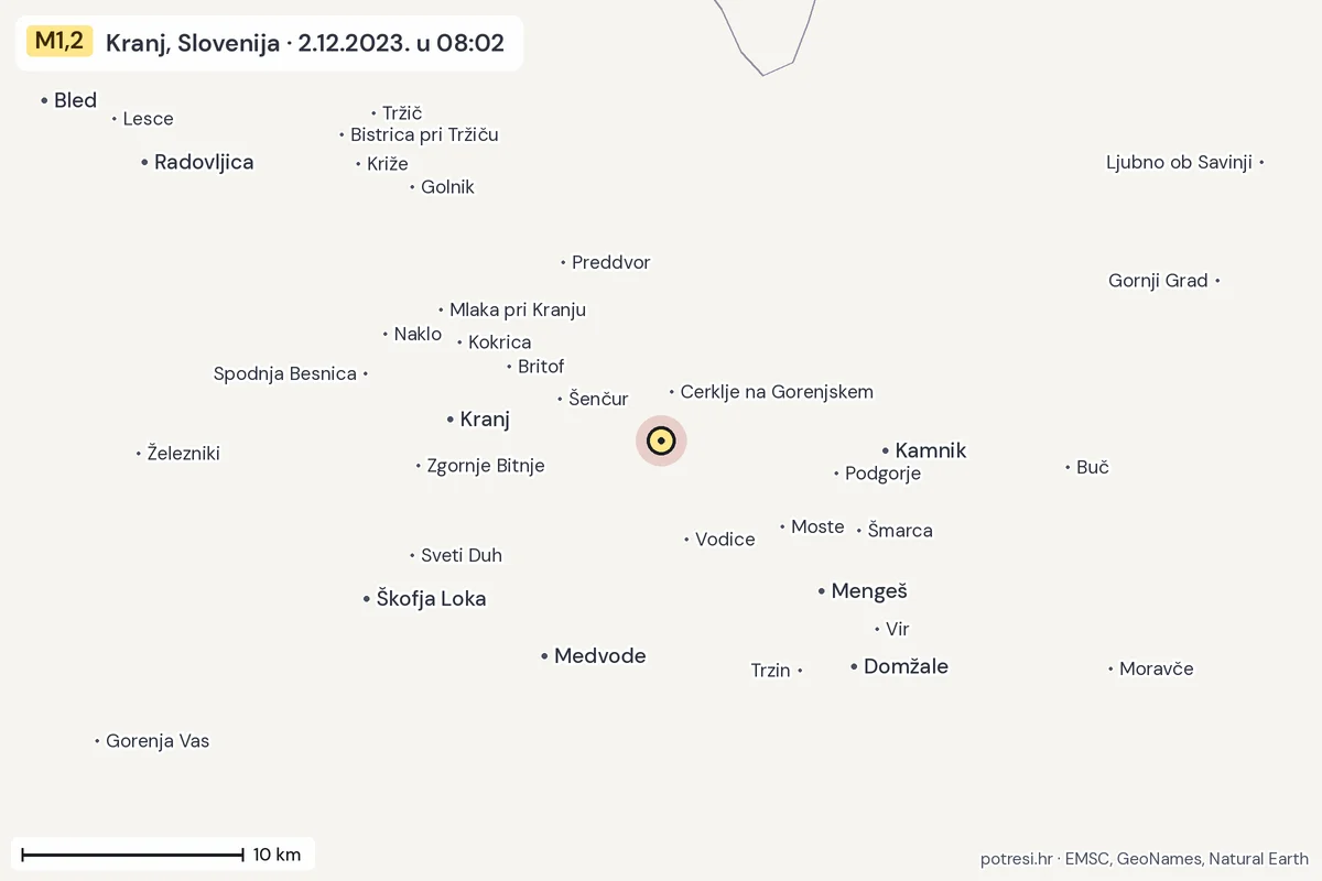 Karta: okolica epicentra, 60 km, potres M1,2, Kranj, Slovenija, 2.12.2023.