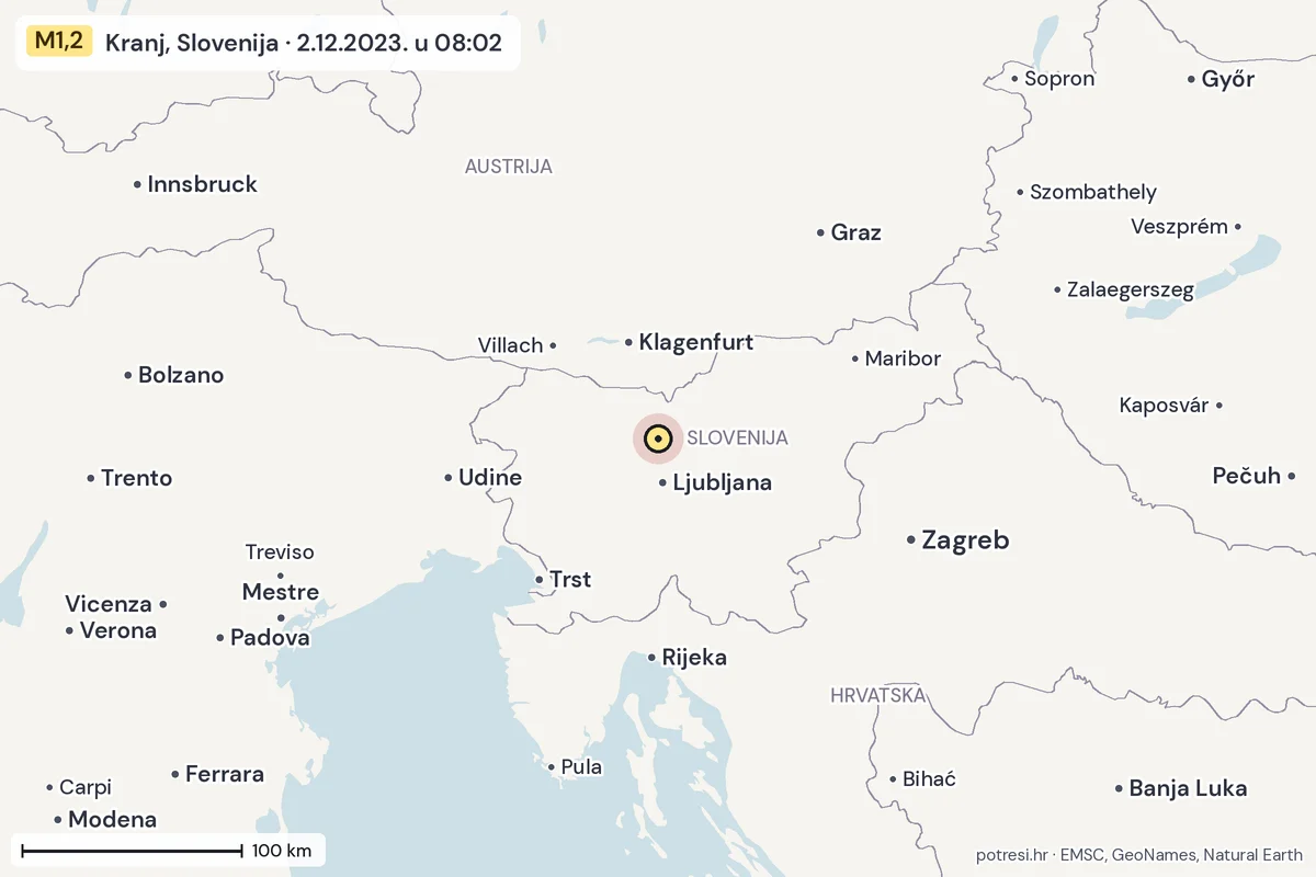 Karta: šire područje, 600 km, potres M1,2, Kranj, Slovenija, 2.12.2023.