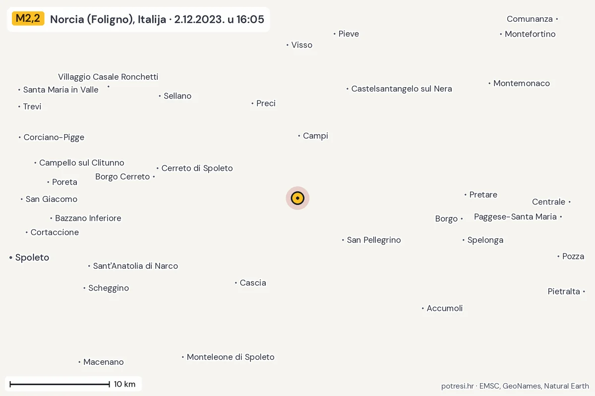 Karta: okolica epicentra, 60 km, potres M2,2, Norcia (Foligno), Italija, 2.12.2023.