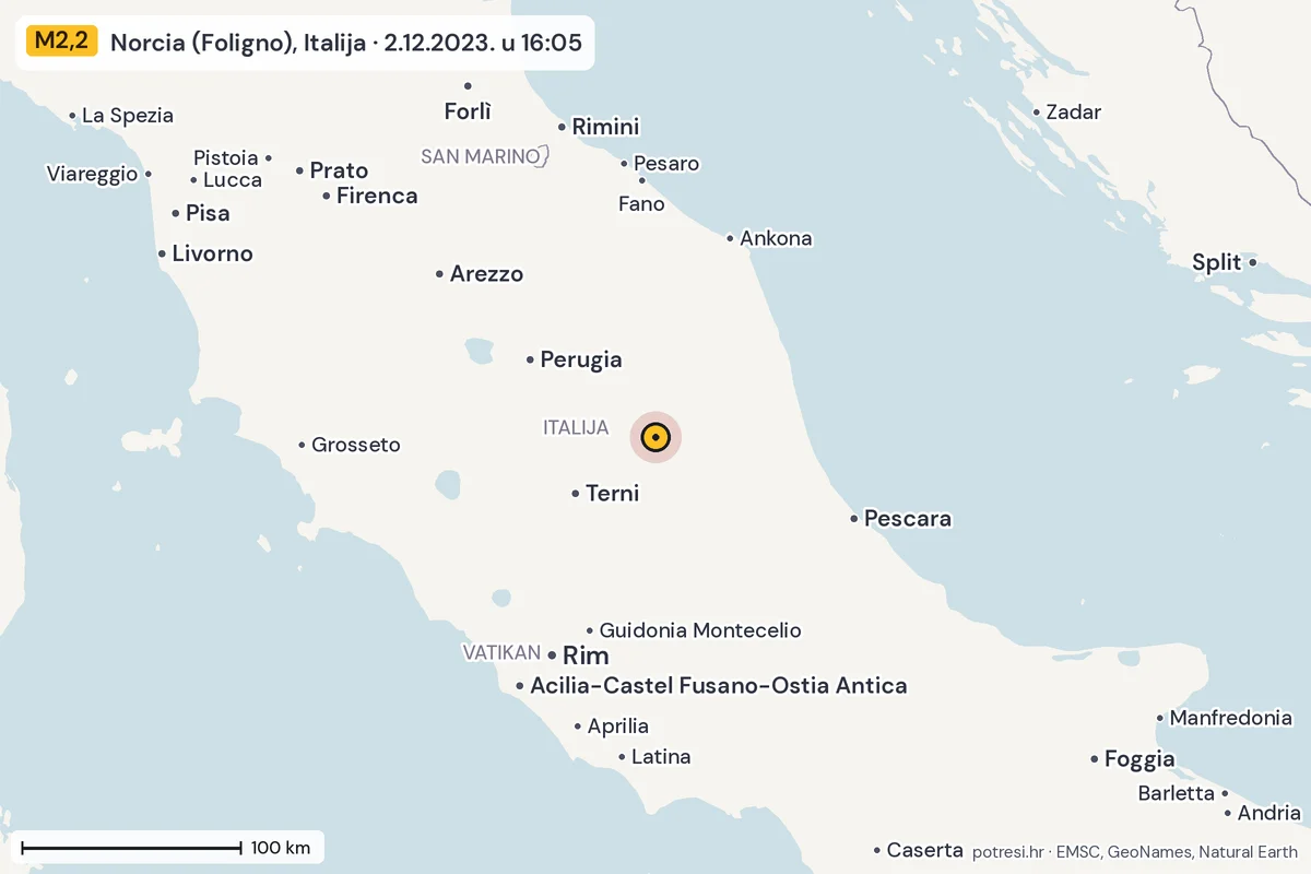 Karta: šire područje, 600 km, potres M2,2, Norcia (Foligno), Italija, 2.12.2023.
