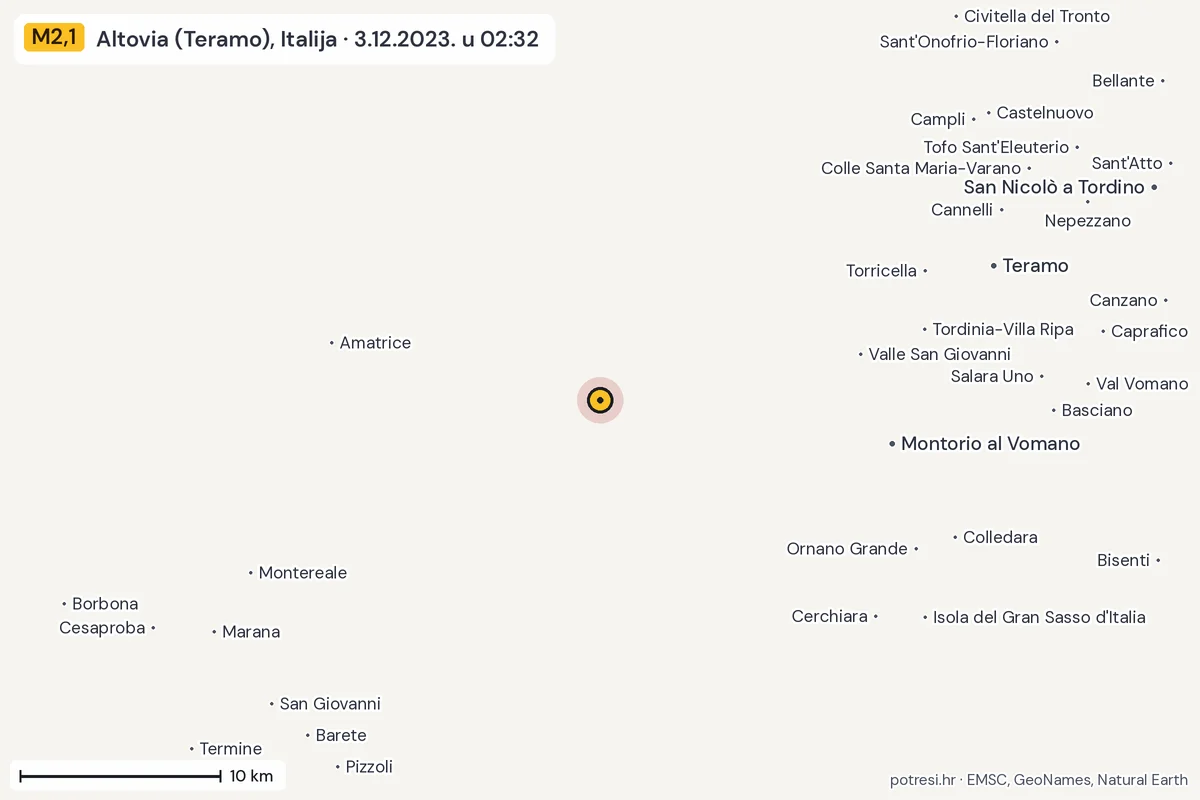 Karta: okolica epicentra, 60 km, potres M2,1, Altovia (Teramo), Italija, 3.12.2023.