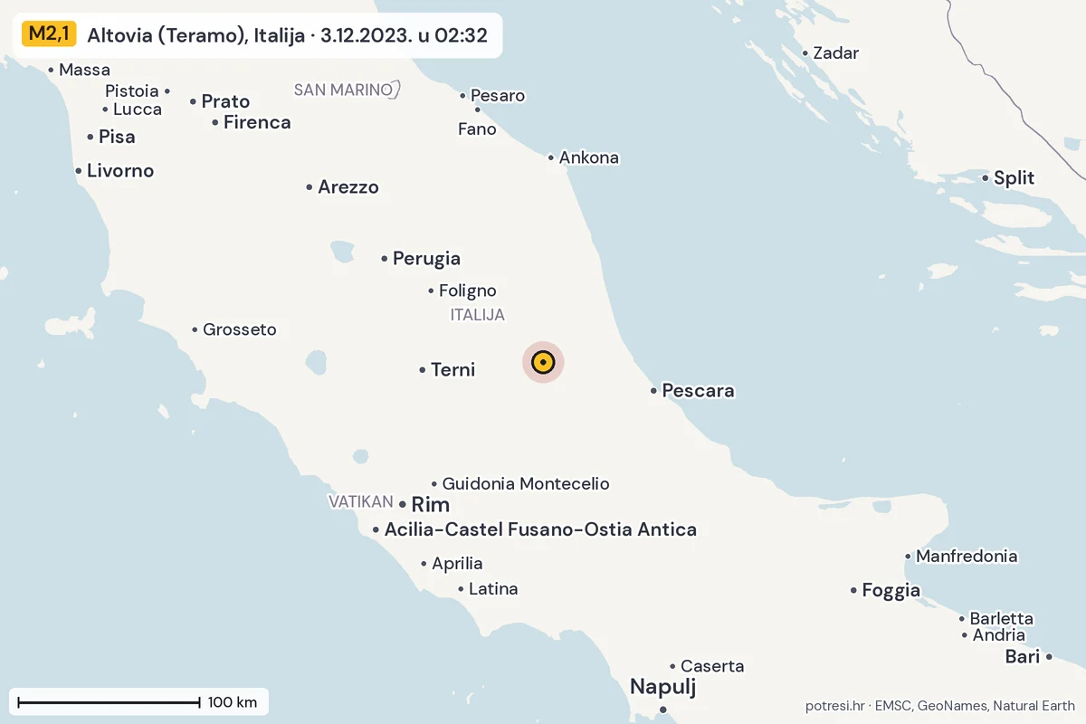 Karta: šire područje, 600 km, potres M2,1, Altovia (Teramo), Italija, 3.12.2023.