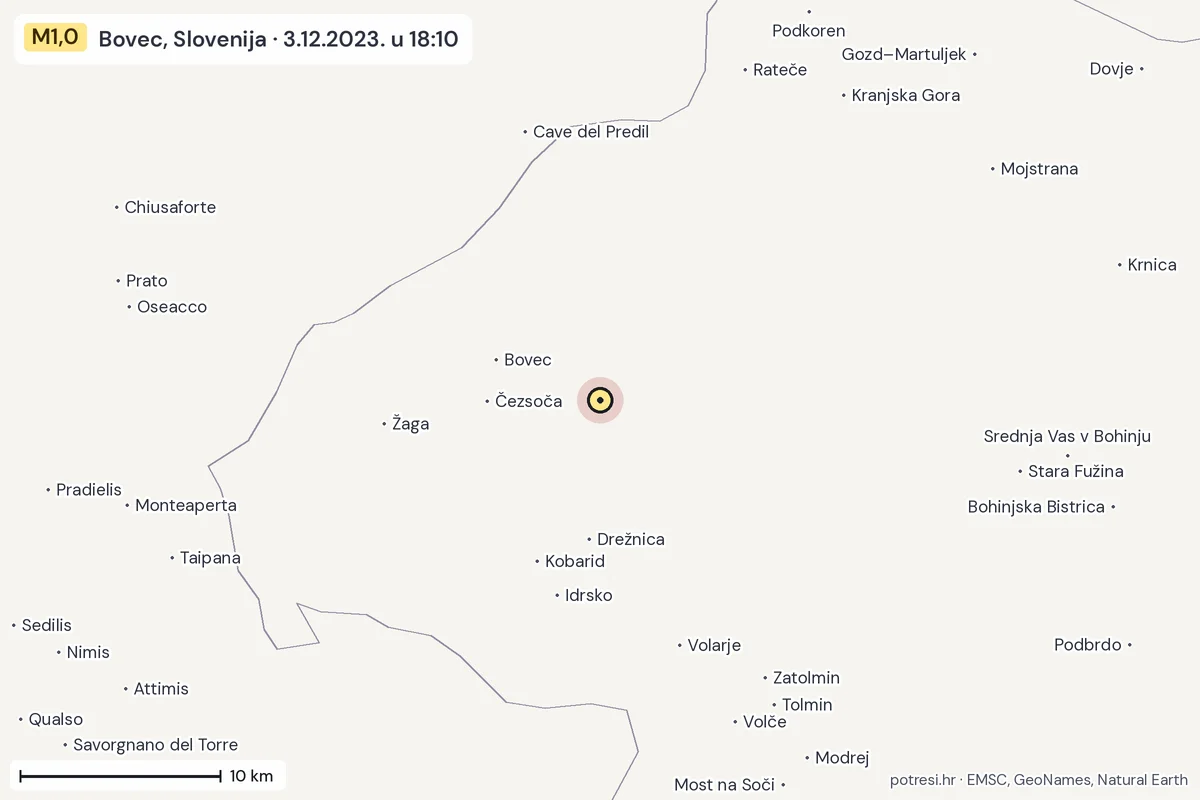 Karta: okolica epicentra, 60 km, potres M1,0, Bovec, Slovenija, 3.12.2023.