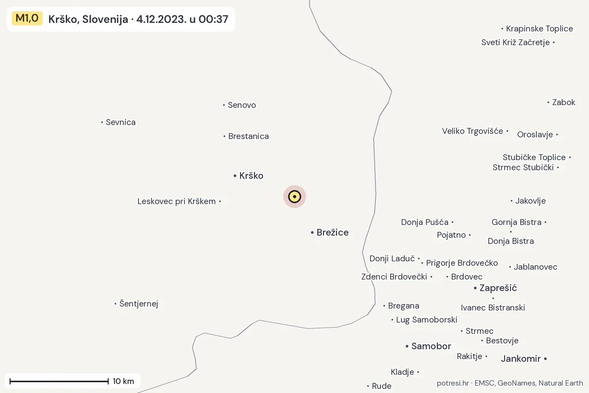 Karta: okolica epicentra, 60 km, potres M1,0, Krško, Slovenija, 4.12.2023.