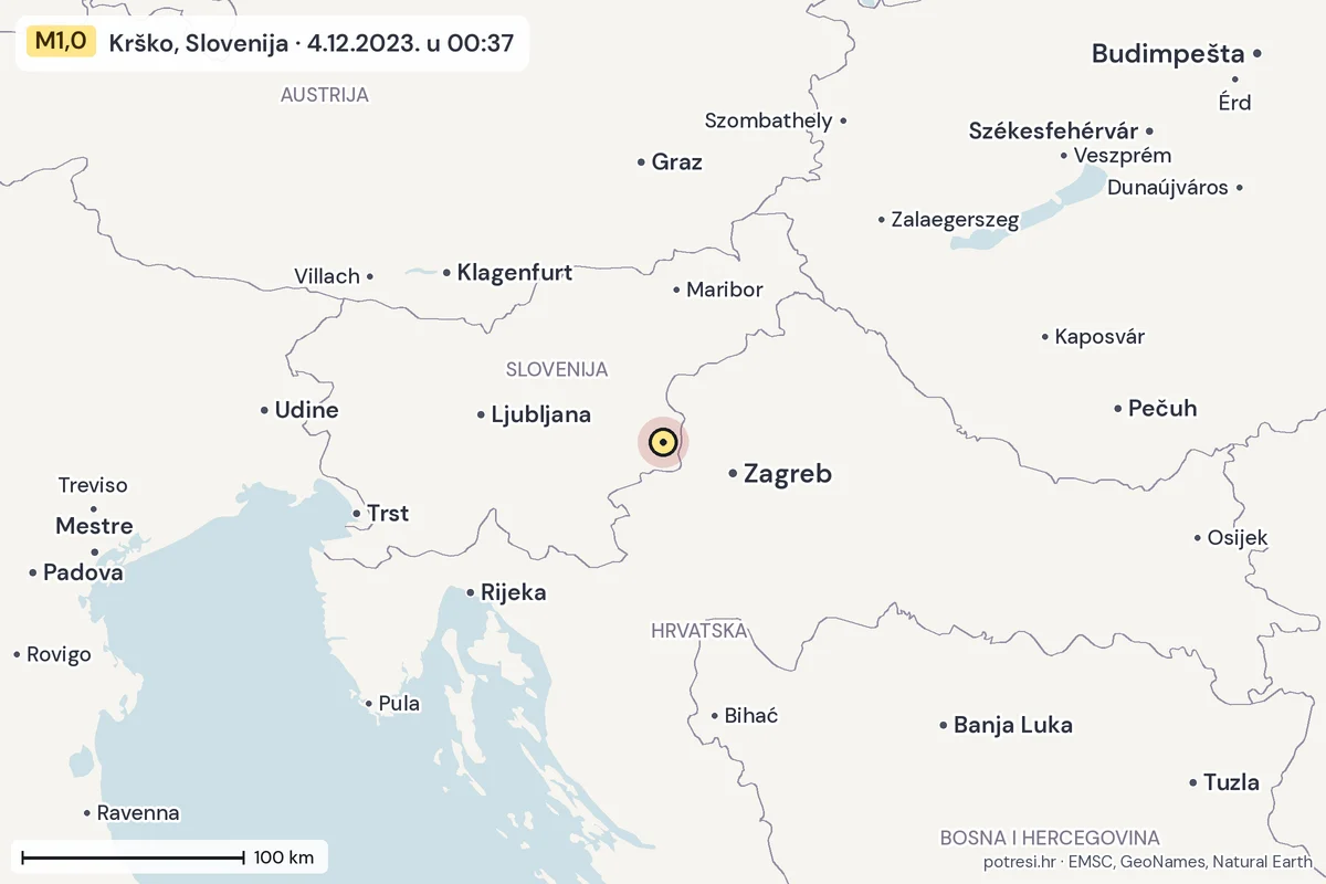 Karta: šire područje, 600 km, potres M1,0, Krško, Slovenija, 4.12.2023.