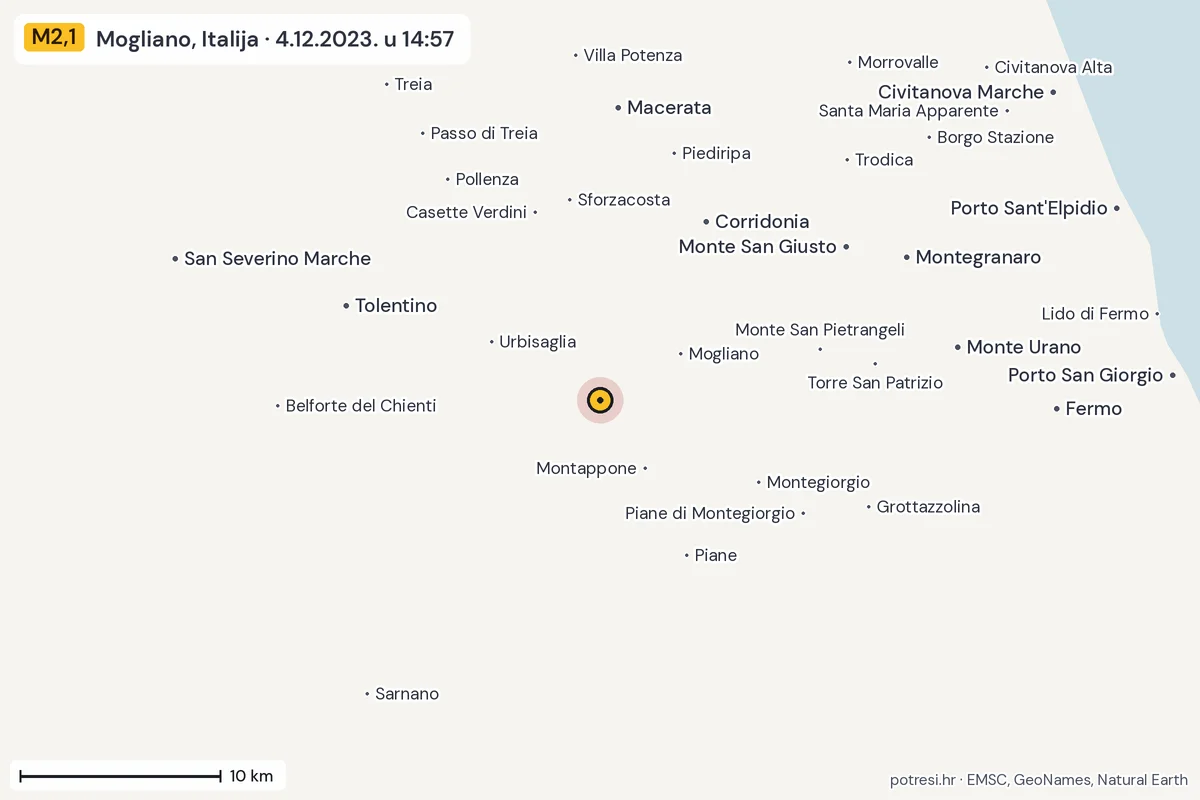 Karta: okolica epicentra, 60 km, potres M2,1, Mogliano, Italija, 4.12.2023.