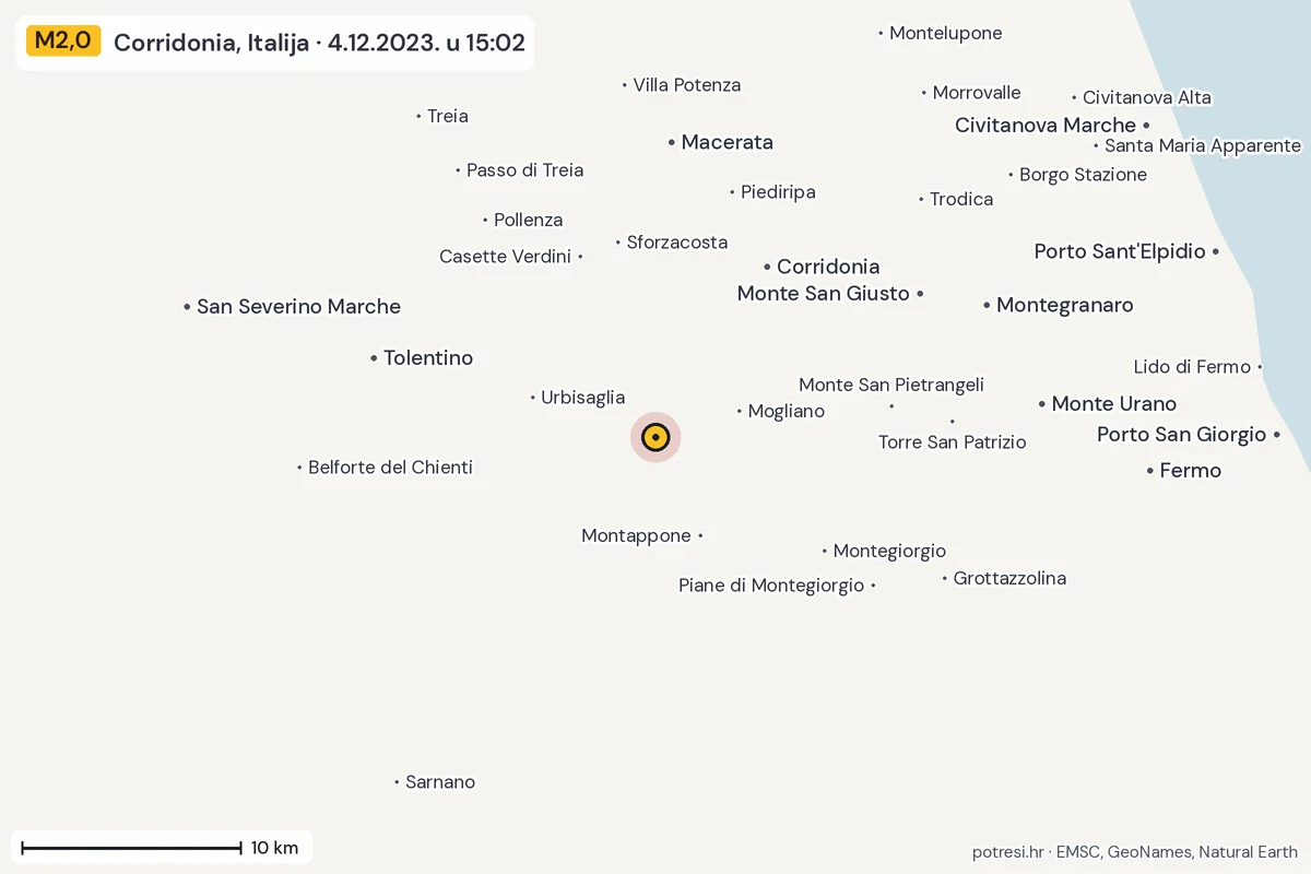 Karta: okolica epicentra, 60 km, potres M2,0, Corridonia, Italija, 4.12.2023.