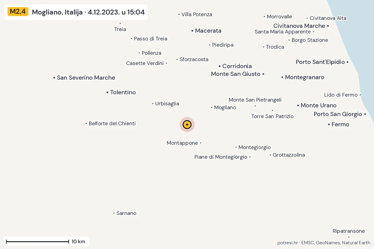 Karta: okolica epicentra, 60 km, potres M2,4, Mogliano, Italija, 4.12.2023.