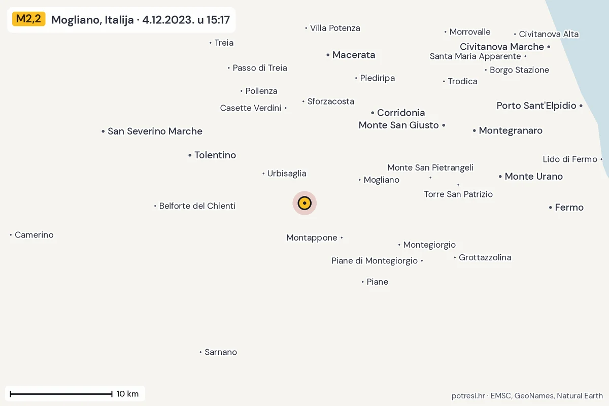 Karta: okolica epicentra, 60 km, potres M2,2, Mogliano, Italija, 4.12.2023.