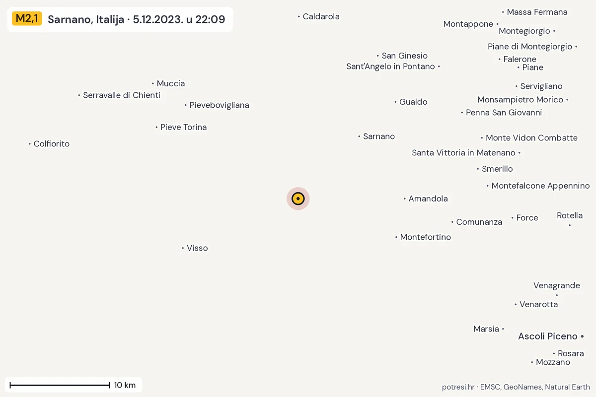 Karta: okolica epicentra, 60 km, potres M2,1, Sarnano, Italija, 5.12.2023.