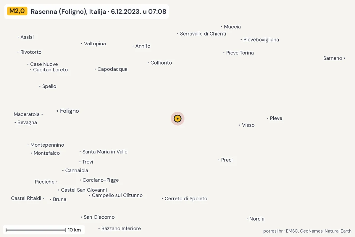 Karta: okolica epicentra, 60 km, potres M2,0, Rasenna (Foligno), Italija, 6.12.2023.