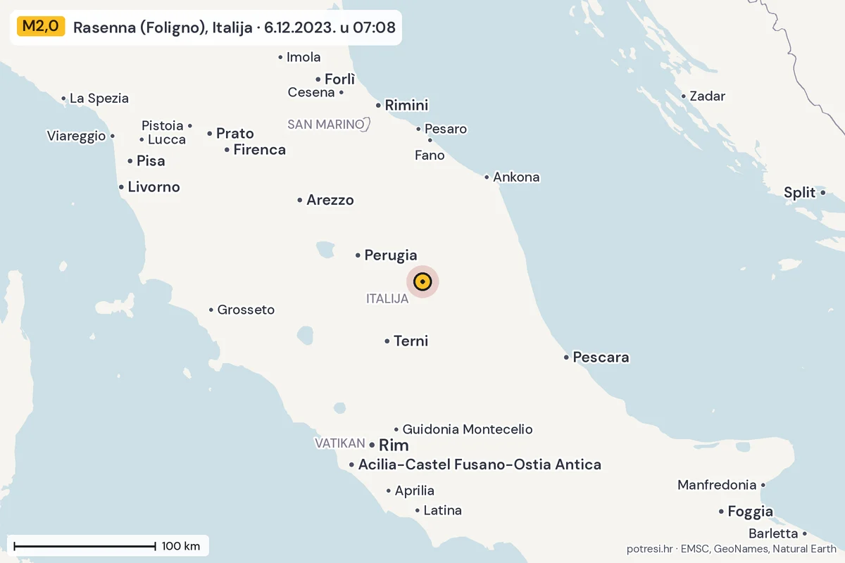 Karta: šire područje, 600 km, potres M2,0, Rasenna (Foligno), Italija, 6.12.2023.