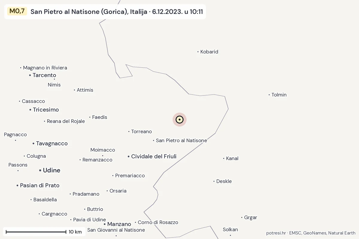 Karta: okolica epicentra, 60 km, potres M0,7, San Pietro al Natisone (Gorica), Italija, 6.12.2023.