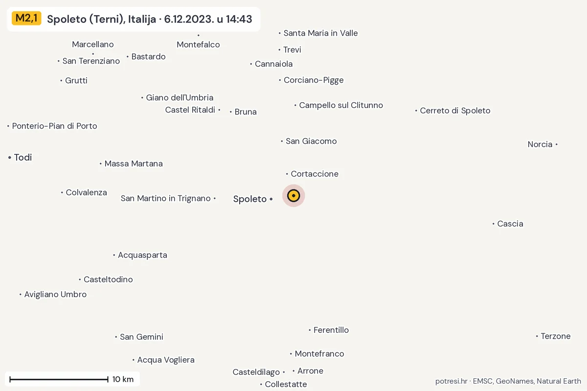 Karta: okolica epicentra, 60 km, potres M2,1, Spoleto (Terni), Italija, 6.12.2023.