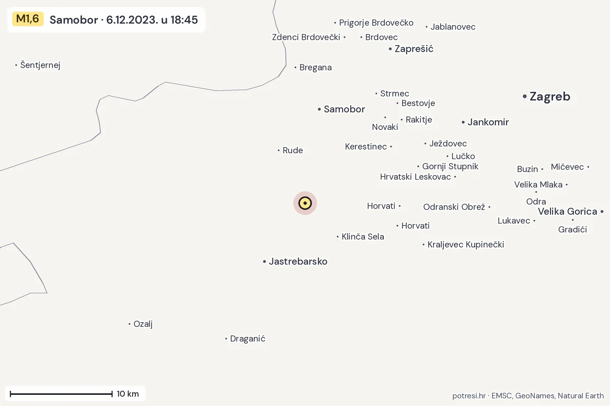 Karta: okolica epicentra, 60 km, potres M1,6, Samobor, 6.12.2023.