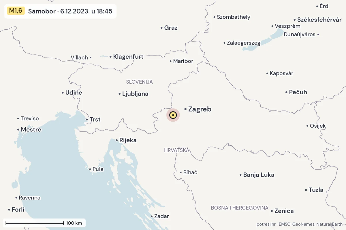 Karta: šire područje, 600 km, potres M1,6, Samobor, 6.12.2023.