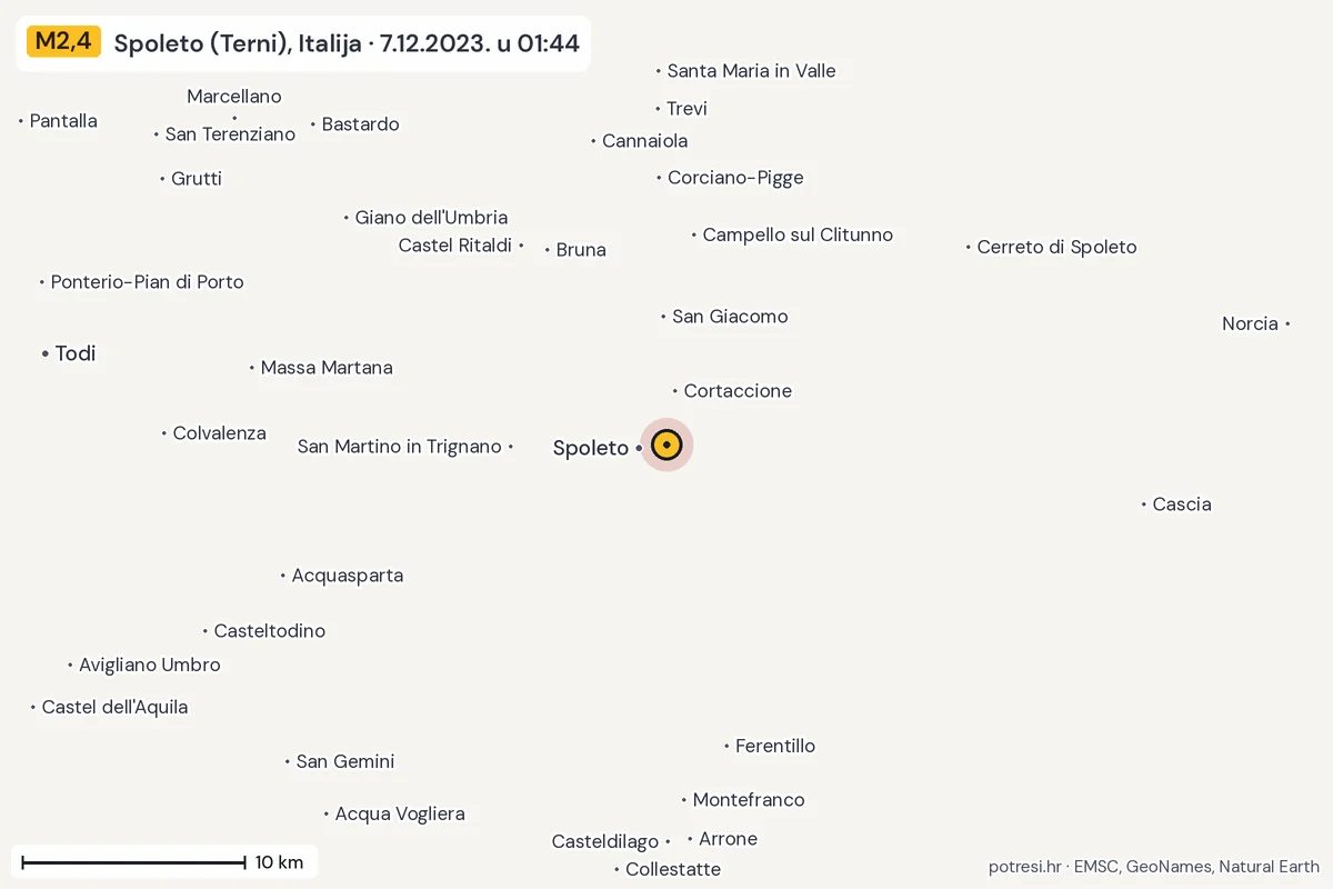 Karta: okolica epicentra, 60 km, potres M2,4, Spoleto (Terni), Italija, 7.12.2023.