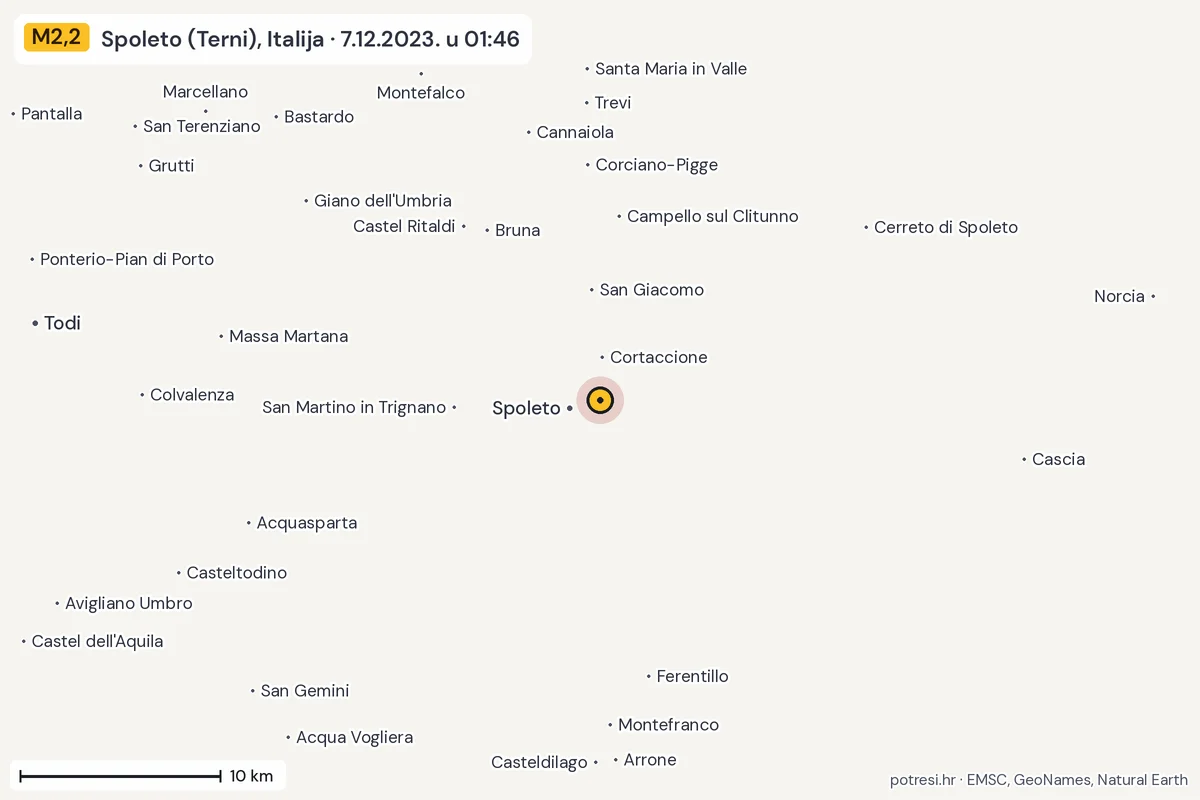 Karta: okolica epicentra, 60 km, potres M2,2, Spoleto (Terni), Italija, 7.12.2023.
