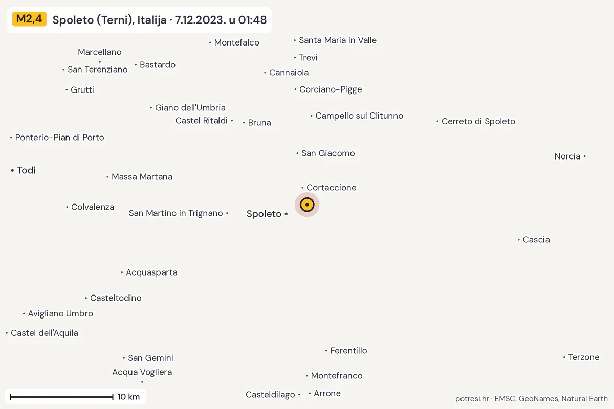 Karta: okolica epicentra, 60 km, potres M2,4, Spoleto (Terni), Italija, 7.12.2023.