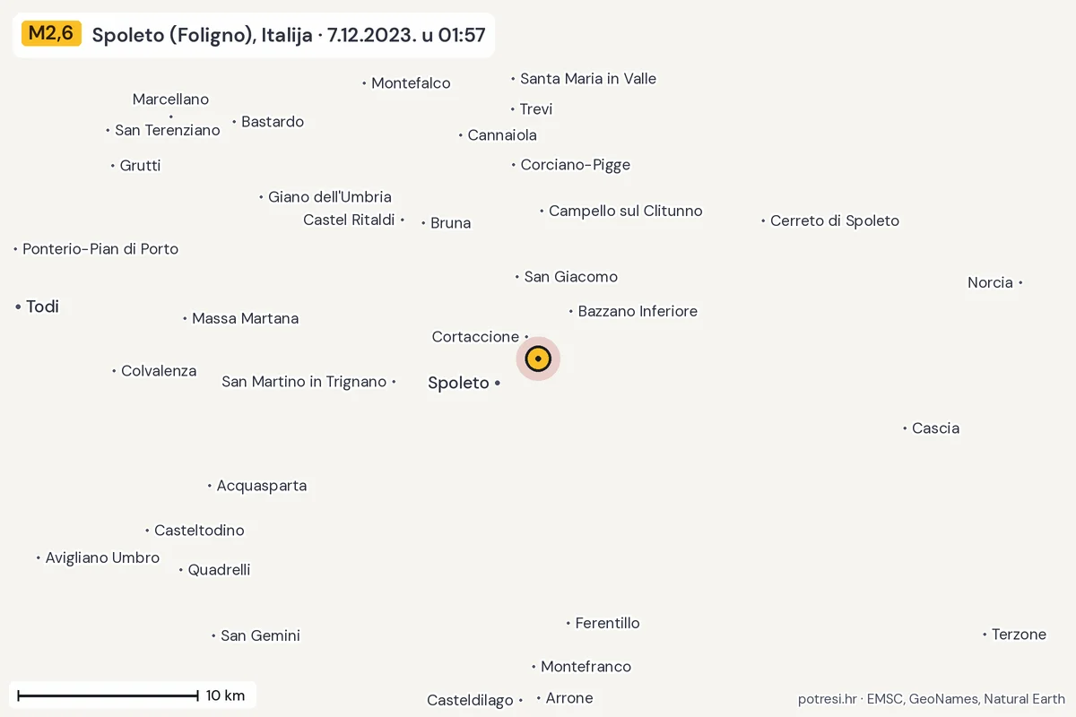 Karta: okolica epicentra, 60 km, potres M2,6, Spoleto (Foligno), Italija, 7.12.2023.