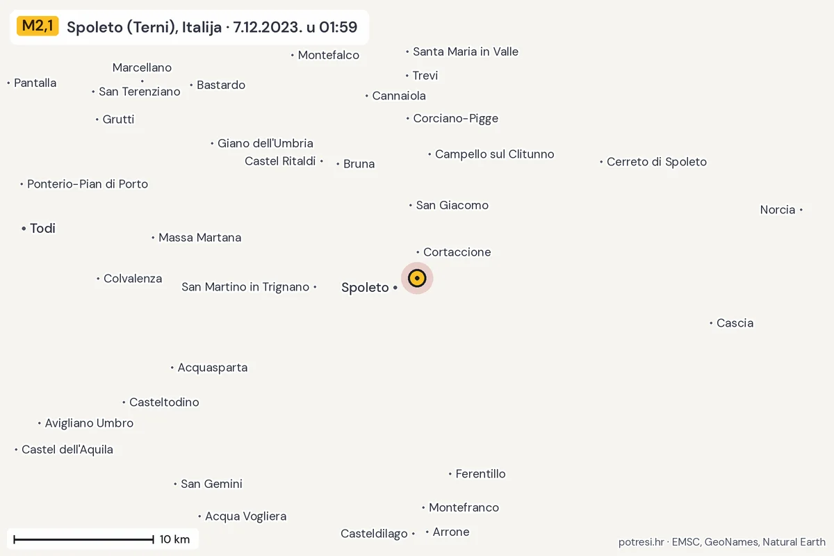 Karta: okolica epicentra, 60 km, potres M2,1, Spoleto (Terni), Italija, 7.12.2023.