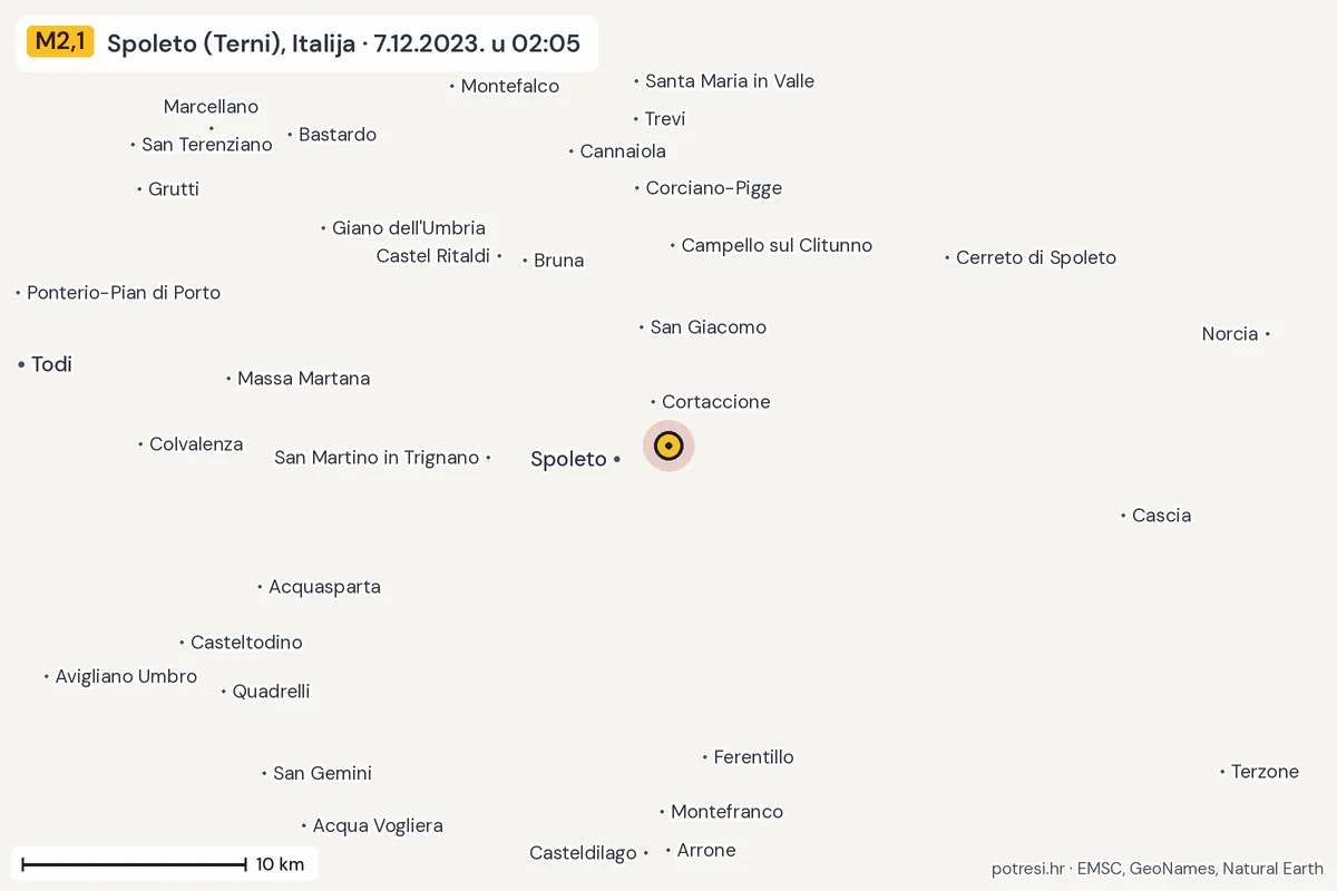 Karta: okolica epicentra, 60 km, potres M2,1, Spoleto (Terni), Italija, 7.12.2023.