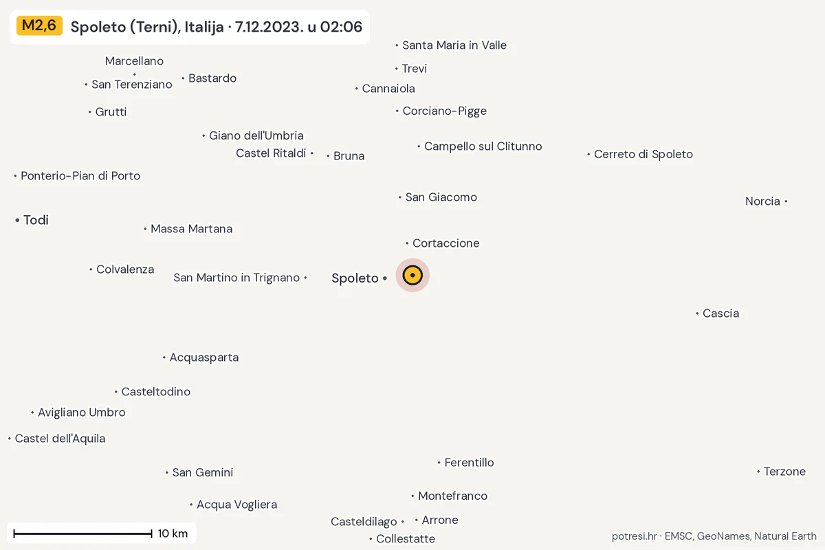 Karta: okolica epicentra, 60 km, potres M2,6, Spoleto (Terni), Italija, 7.12.2023.