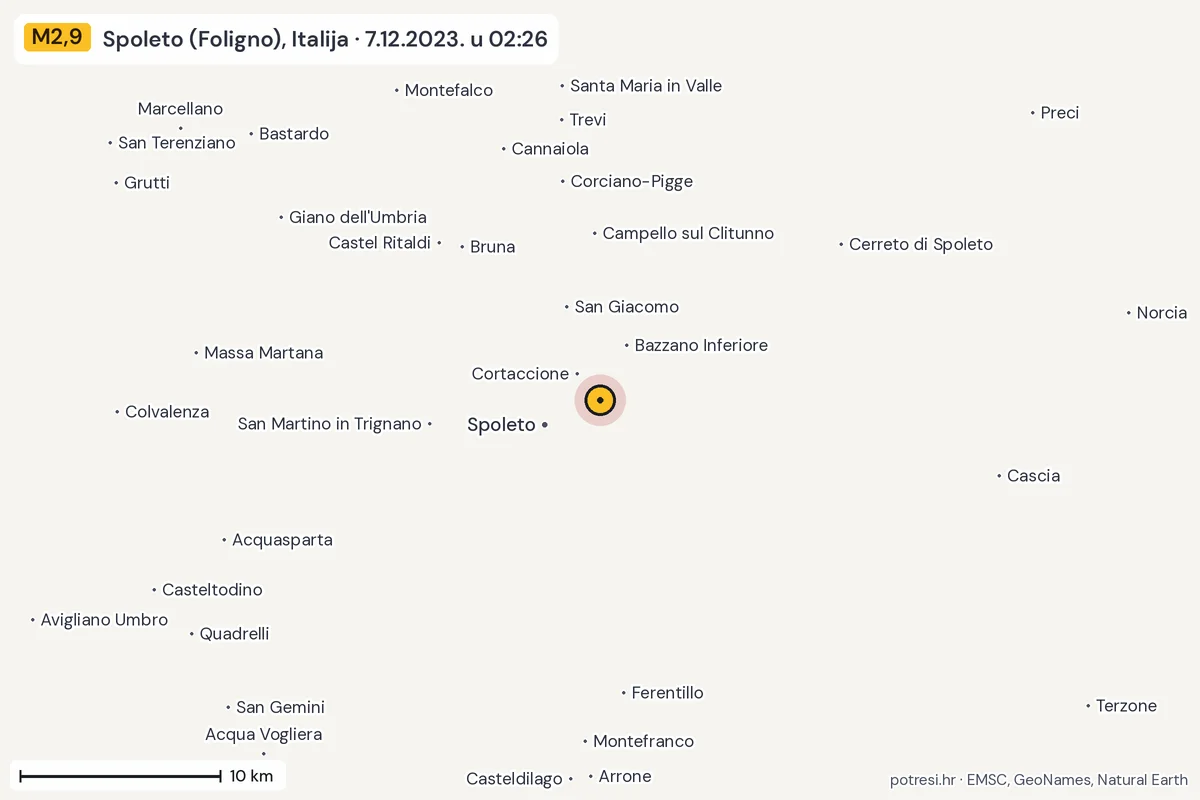 Karta: okolica epicentra, 60 km, potres M2,9, Spoleto (Foligno), Italija, 7.12.2023.