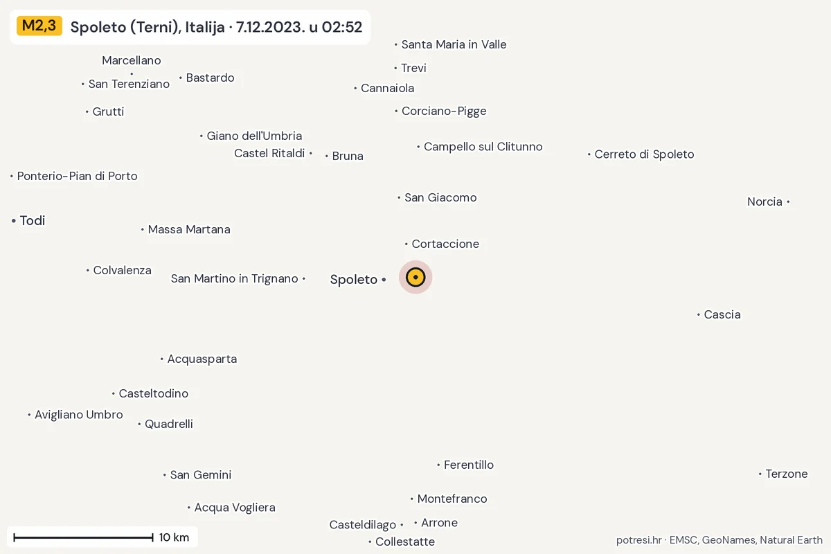 Karta: okolica epicentra, 60 km, potres M2,3, Spoleto (Terni), Italija, 7.12.2023.