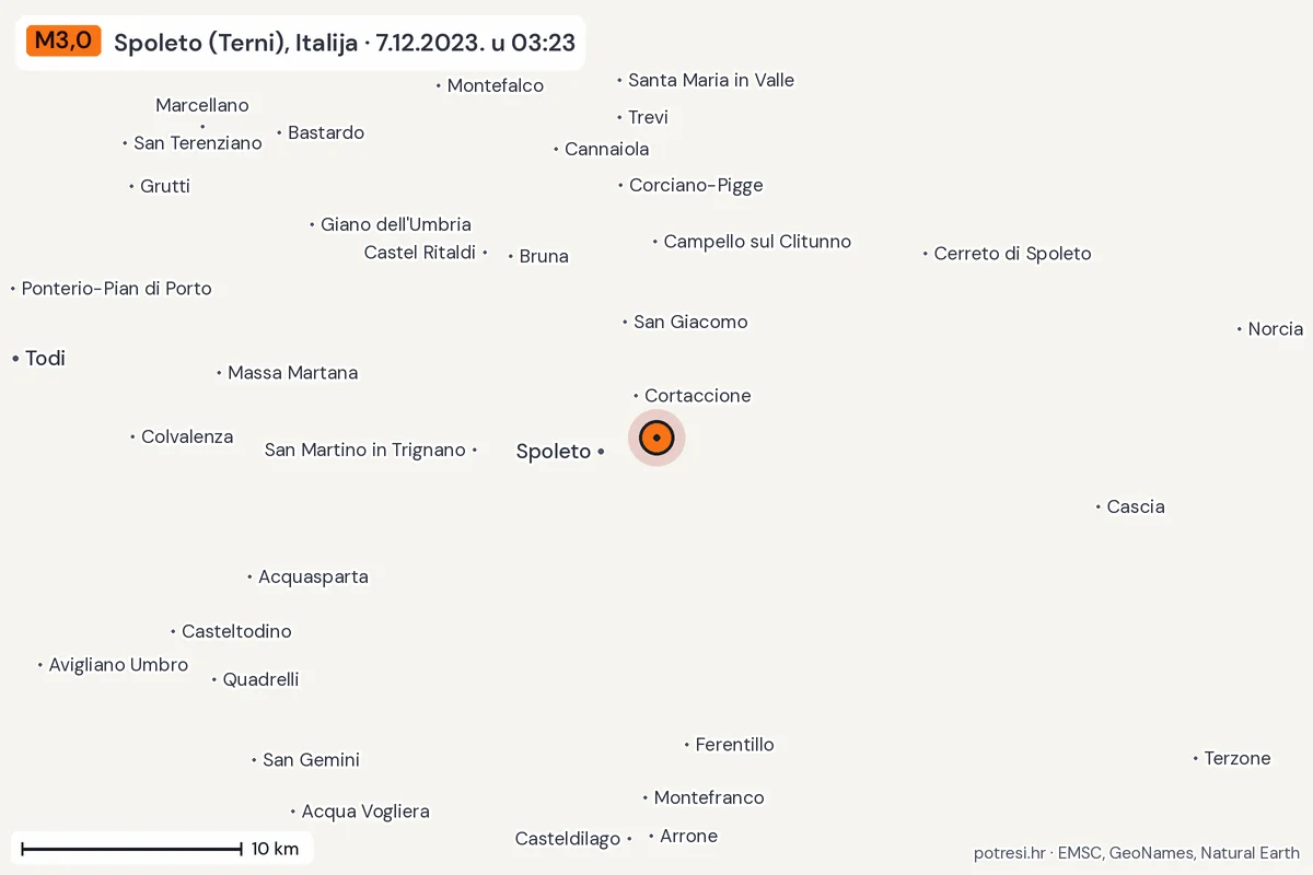 Karta: okolica epicentra, 60 km, potres M3,0, Spoleto (Terni), Italija, 7.12.2023.