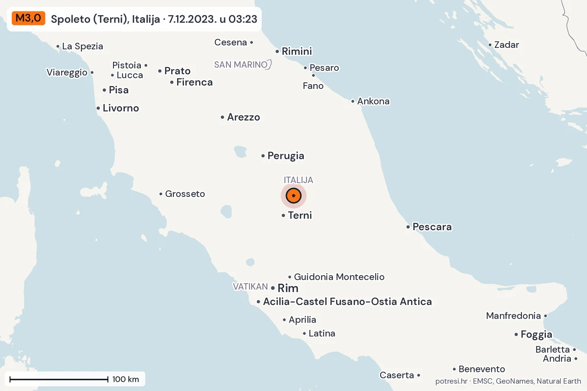 Karta: šire područje, 600 km, potres M3,0, Spoleto (Terni), Italija, 7.12.2023.