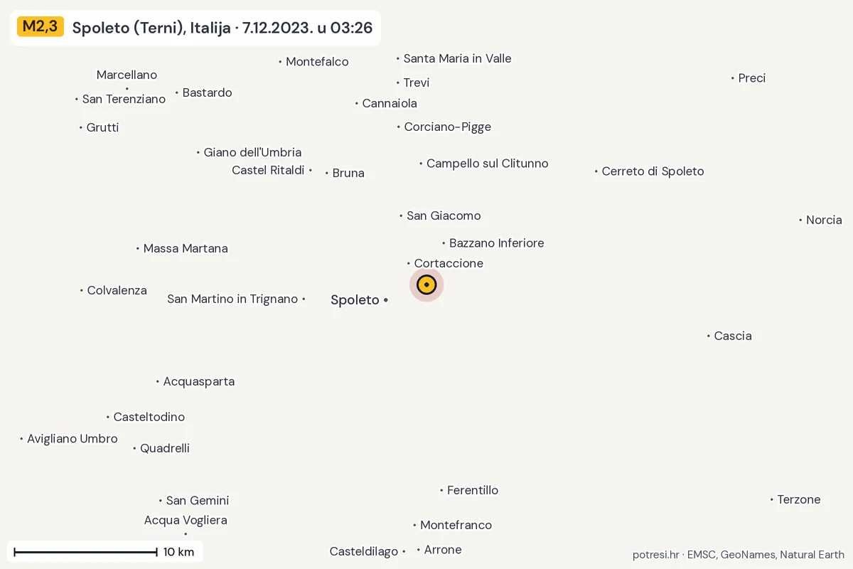 Karta: okolica epicentra, 60 km, potres M2,3, Spoleto (Terni), Italija, 7.12.2023.
