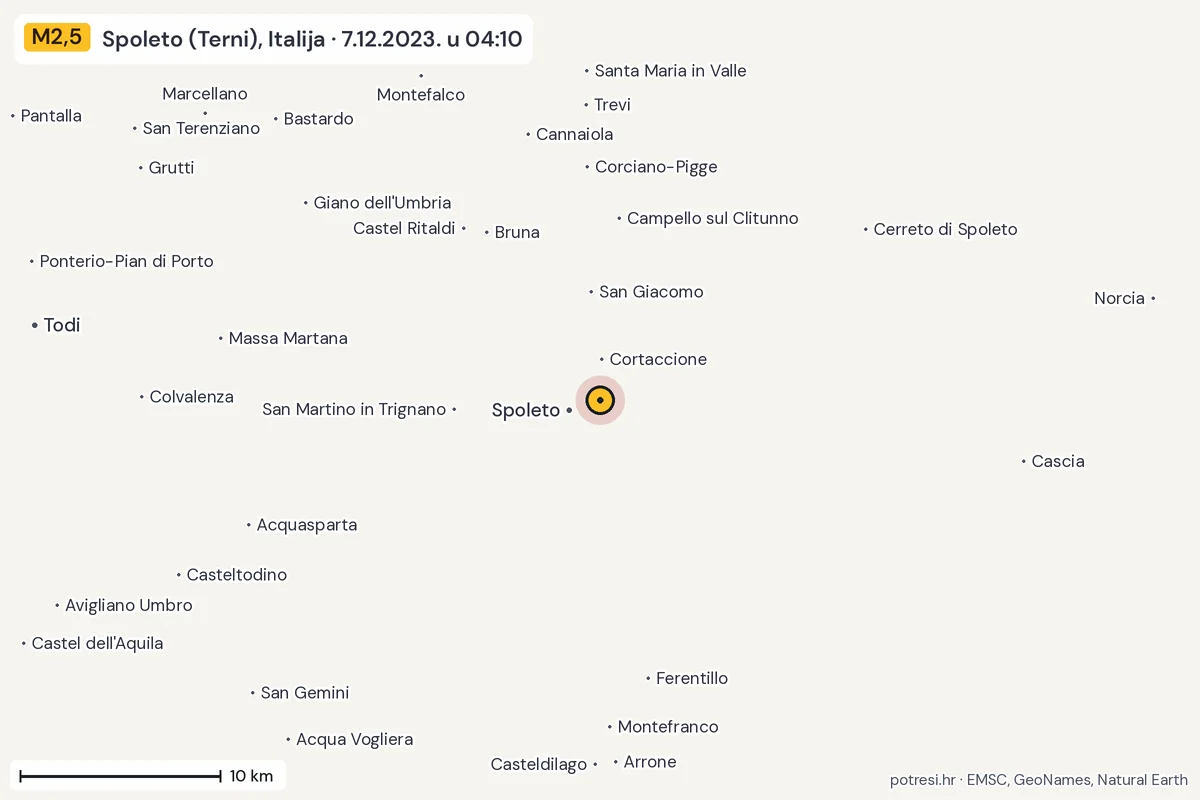 Karta: okolica epicentra, 60 km, potres M2,5, Spoleto (Terni), Italija, 7.12.2023.