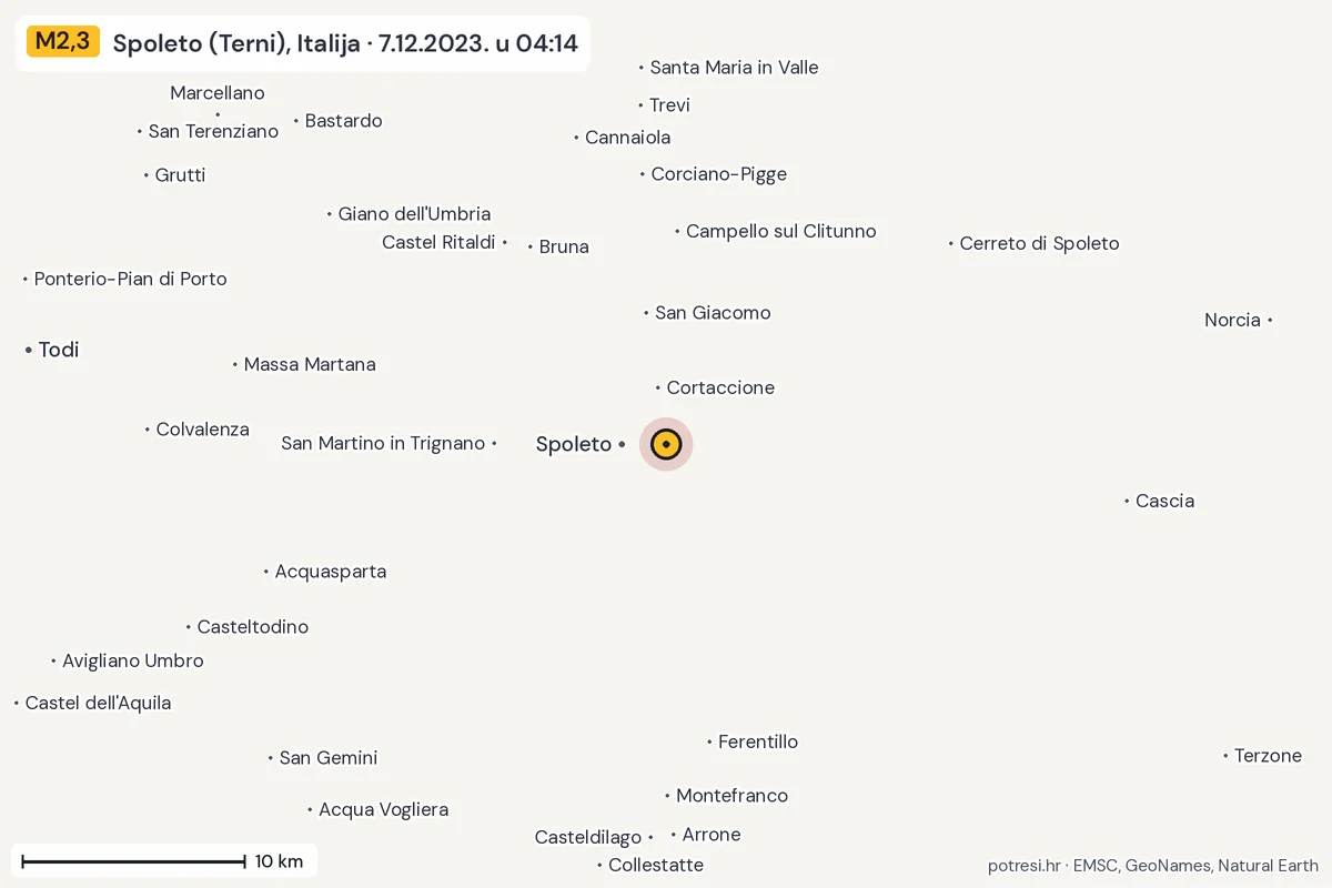 Karta: okolica epicentra, 60 km, potres M2,3, Spoleto (Terni), Italija, 7.12.2023.