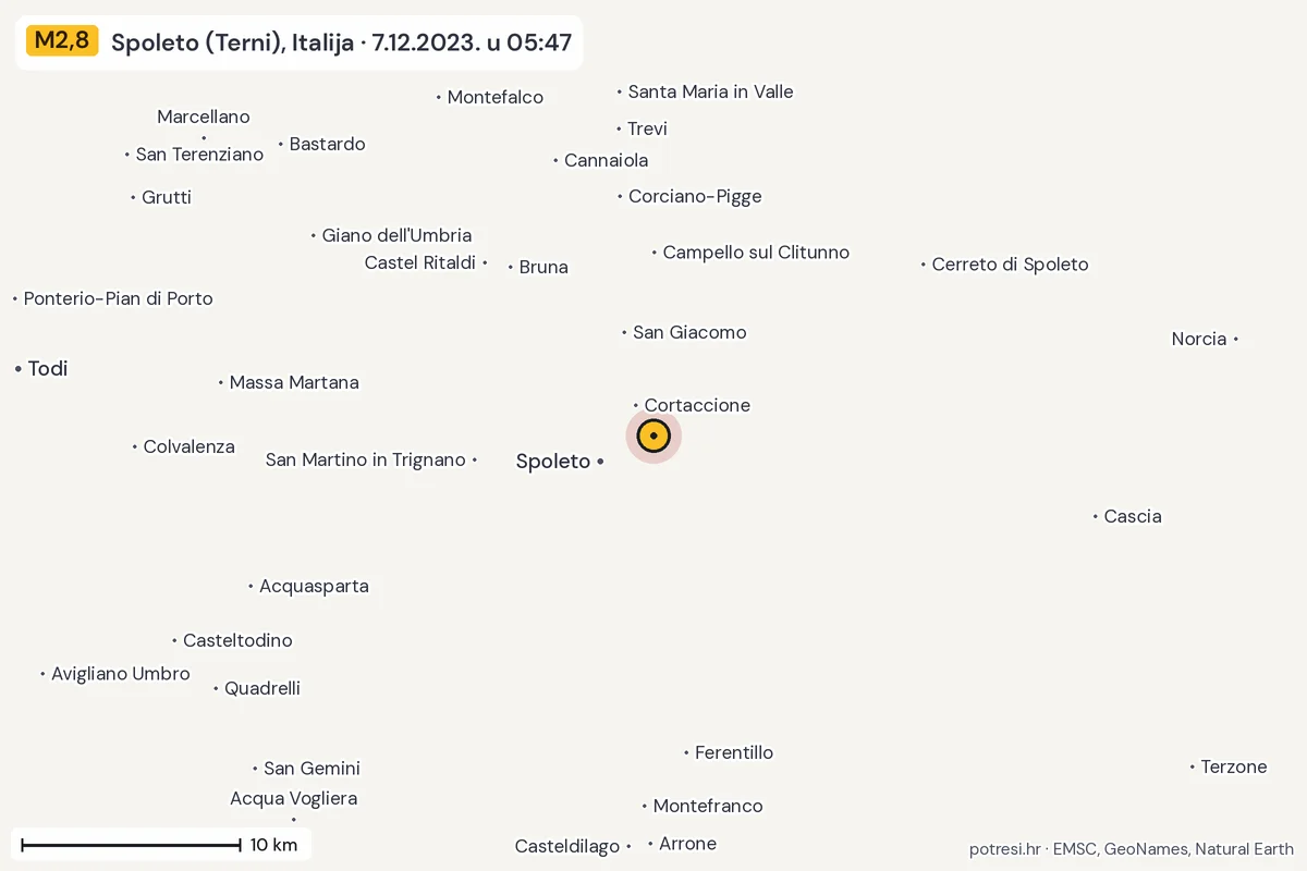 Karta: okolica epicentra, 60 km, potres M2,8, Spoleto (Terni), Italija, 7.12.2023.