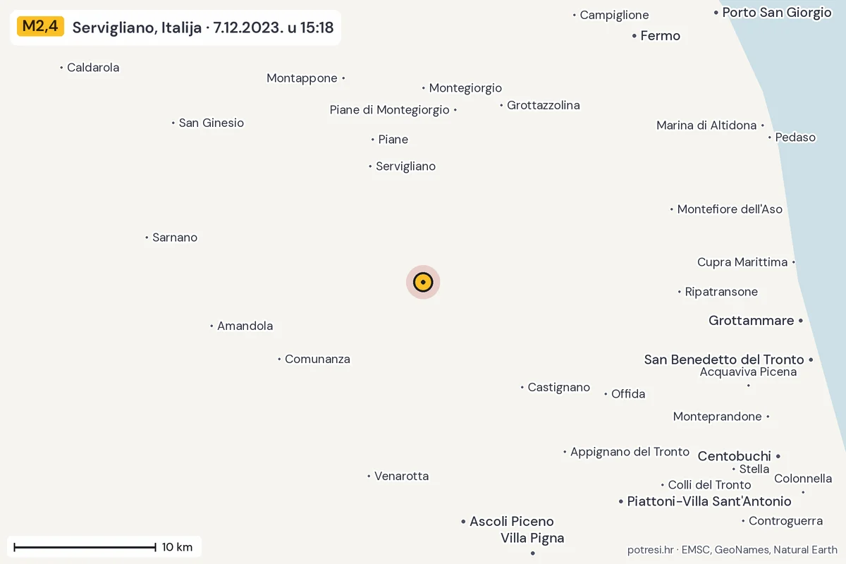 Karta: okolica epicentra, 60 km, potres M2,4, Servigliano, Italija, 7.12.2023.