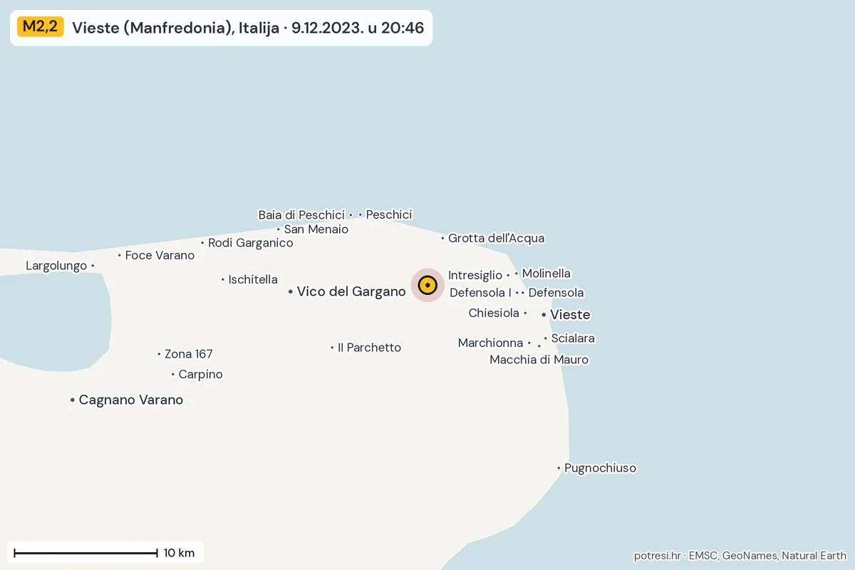 Karta: okolica epicentra, 60 km, potres M2,2, Vieste (Manfredonia), Italija, 9.12.2023.
