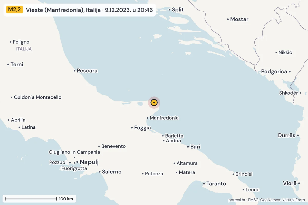 Karta: šire područje, 600 km, potres M2,2, Vieste (Manfredonia), Italija, 9.12.2023.