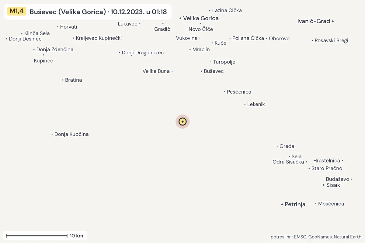 Karta: okolica epicentra, 60 km, potres M1,4, Buševec (Velika Gorica), 10.12.2023.