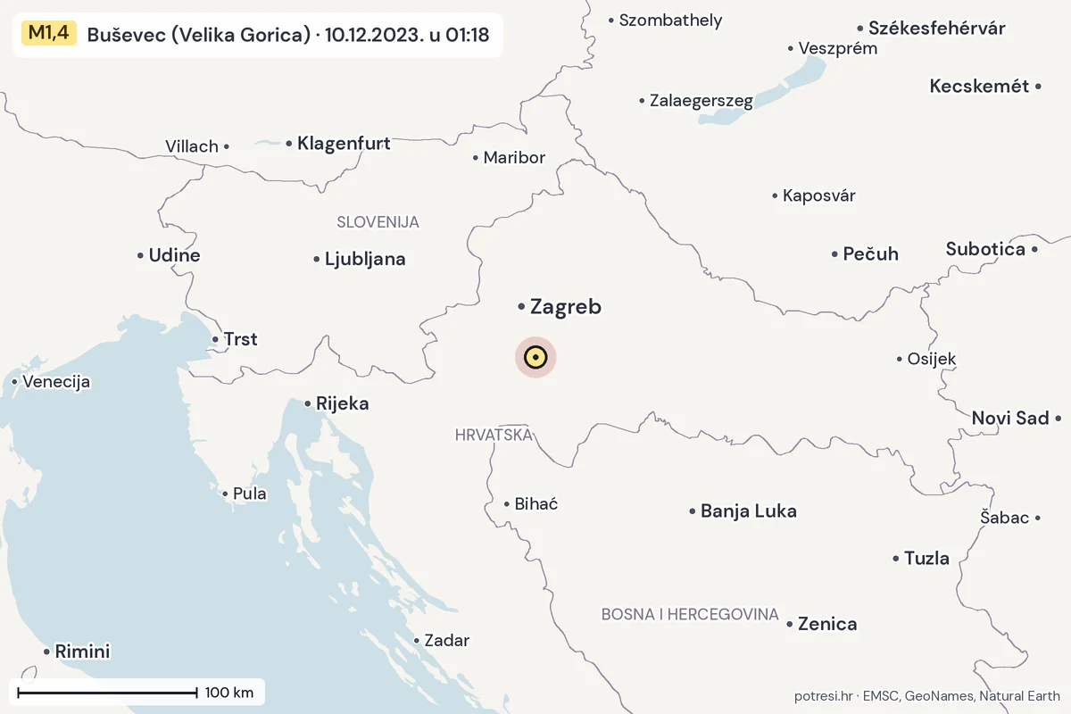 Karta: šire područje, 600 km, potres M1,4, Buševec (Velika Gorica), 10.12.2023.