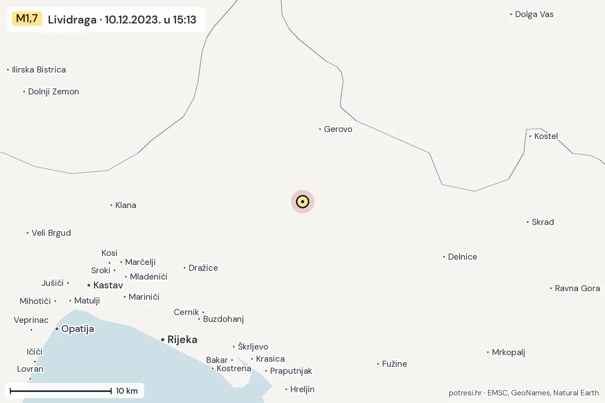 Karta: okolica epicentra, 60 km, potres M1,7, Lividraga, 10.12.2023.