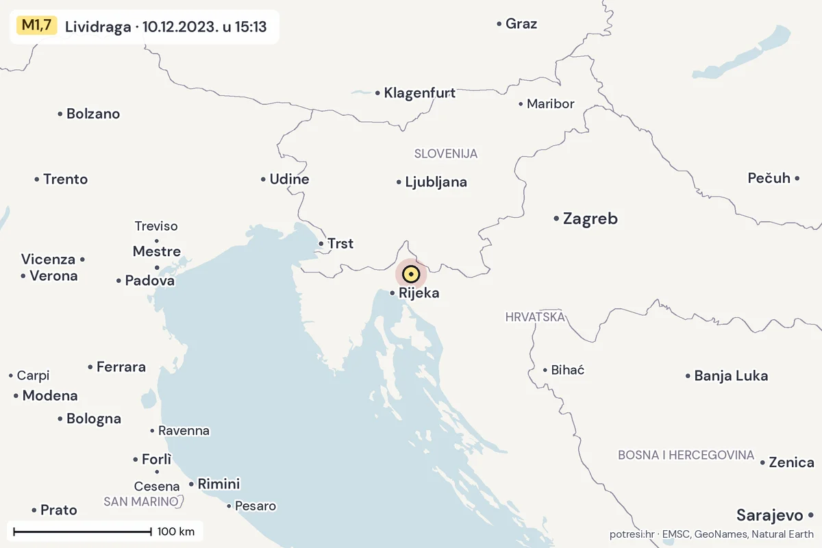 Karta: šire područje, 600 km, potres M1,7, Lividraga, 10.12.2023.