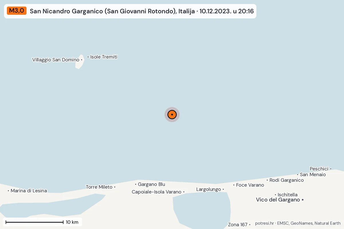 Karta: okolica epicentra, 60 km, potres M3,0, San Nicandro Garganico (San Giovanni Rotondo), Italija, 10.12.2023.