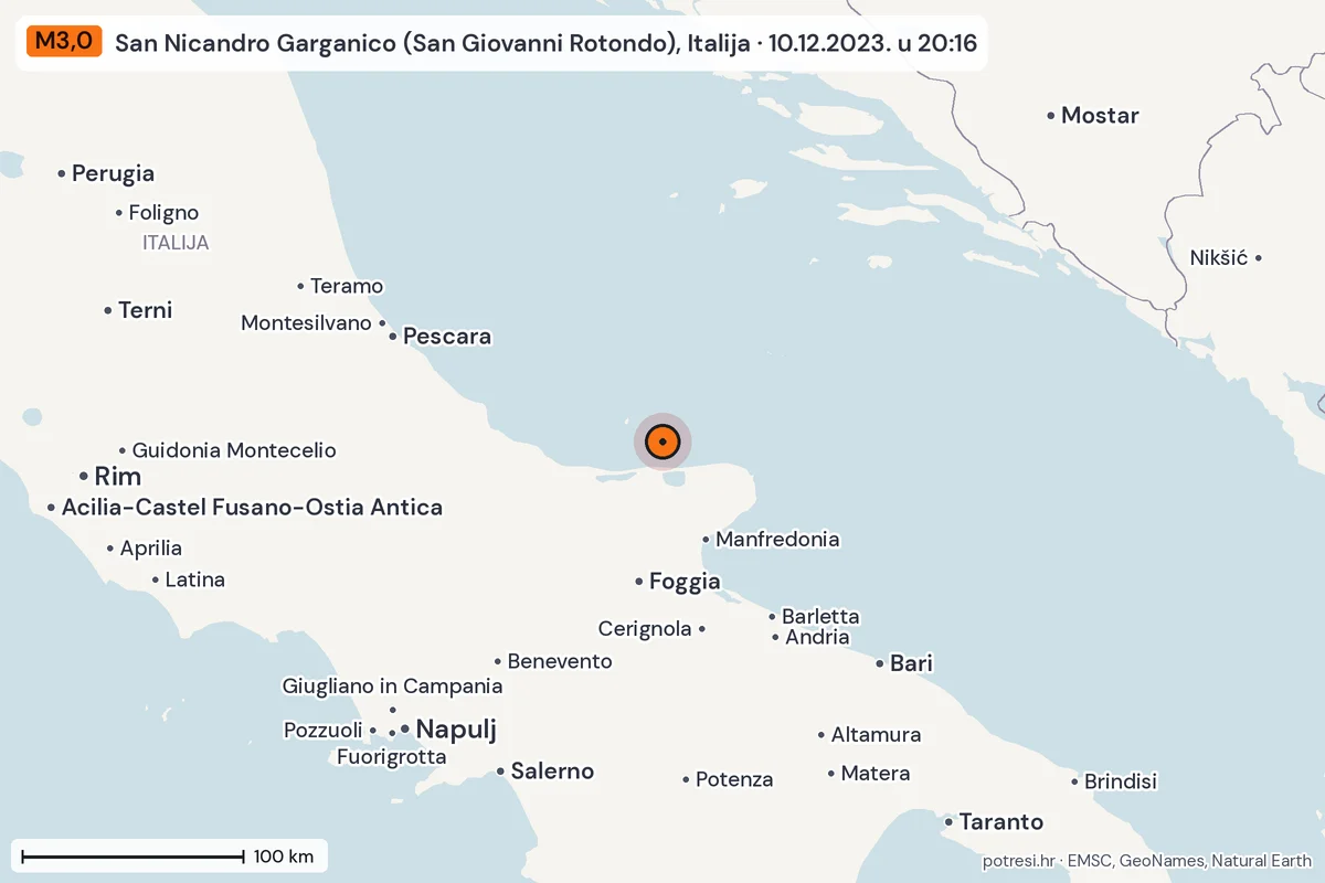Karta: šire područje, 600 km, potres M3,0, San Nicandro Garganico (San Giovanni Rotondo), Italija, 10.12.2023.